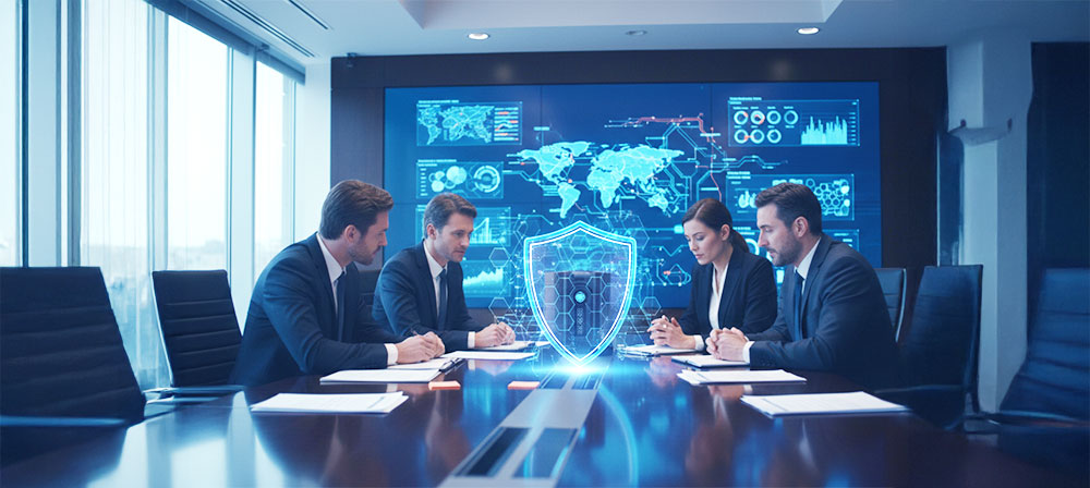 Protección de marca en tecnología: ejecutivos analizan dispositivo con escudo digital y paneles de datos.