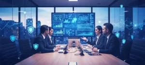 Generación de demanda B2B en construcción: equipo directivo revisa paneles de datos en sala corporativa.